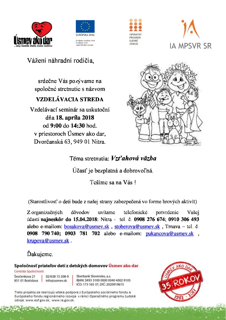 Pozvánka Vzdelavacia streda seminar pre nahradnych rodicov